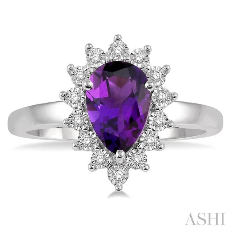 1/10 Ctw Pear Shape 9x6mm Amethyst & Round Cut Diamond Semi Precious Ring in 10K White Gold