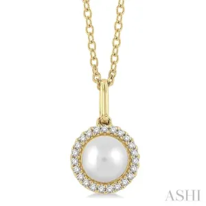 1/20 ctw Petite Round Cut Diamond Halo and 6X6 MM Cultured Pearl Fashion Pendant With Chain in 10K Yellow Gold