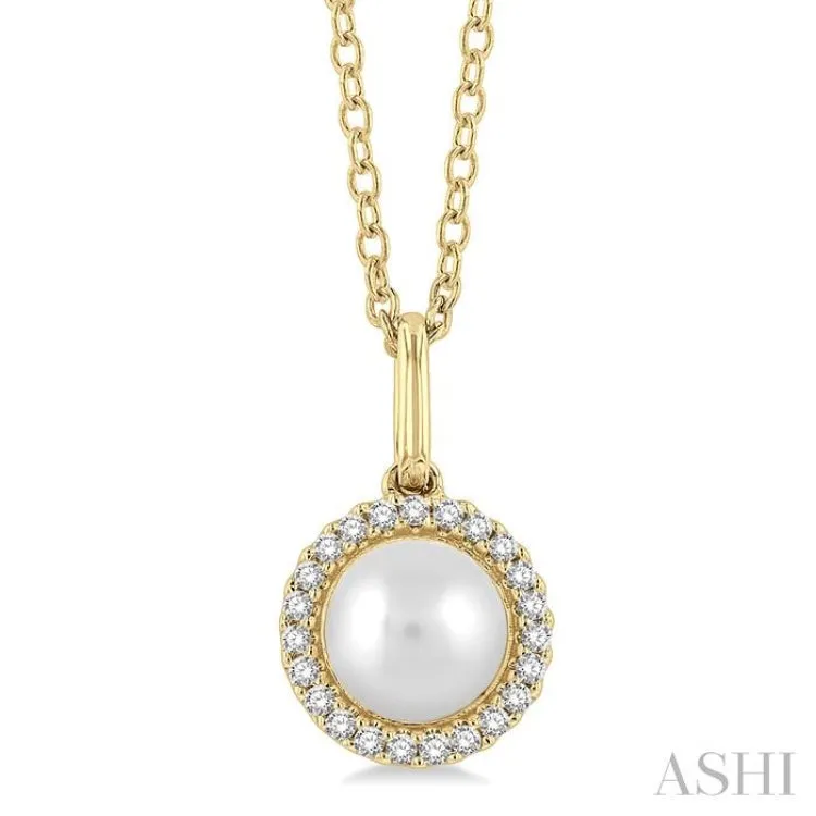 1/20 ctw Petite Round Cut Diamond Halo and 6X6 MM Cultured Pearl Fashion Pendant With Chain in 10K Yellow Gold