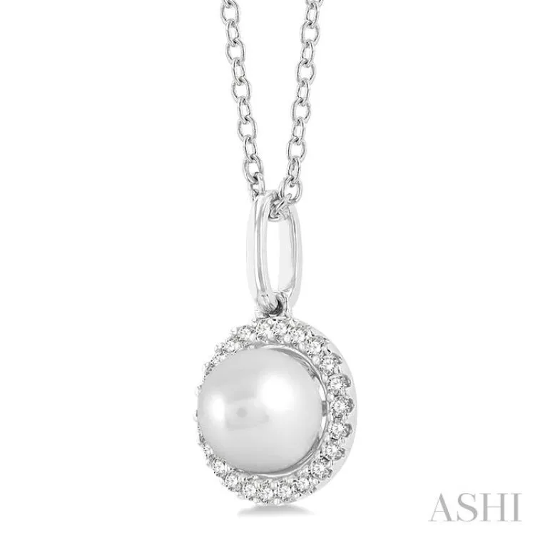 1/20 ctw Petite Round Cut Diamond Halo and 6X6MM Cultured Pearl Fashion Pendant With Chain in 10K White Gold