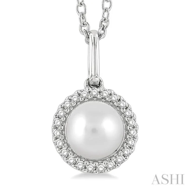 1/20 ctw Petite Round Cut Diamond Halo and 6X6MM Cultured Pearl Fashion Pendant With Chain in 10K White Gold