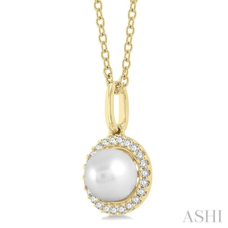 1/20 ctw Petite Round Cut Diamond Halo and 6X6MM Cultured Pearl Fashion Pendant With Chain in 10K Yellow Gold