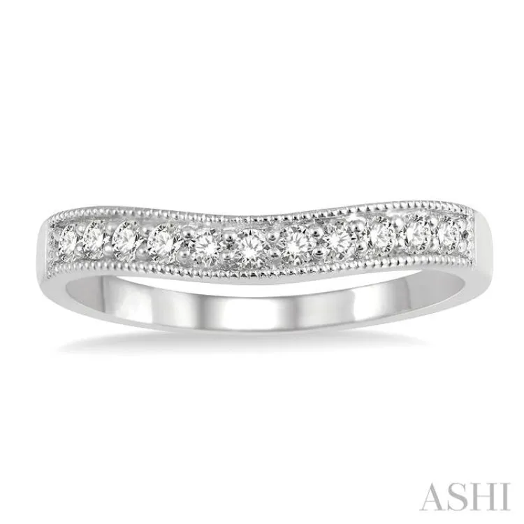 1/4 ctw Curved Center Milgrain Border Round Cut Diamond Wedding Band in 14K White Gold