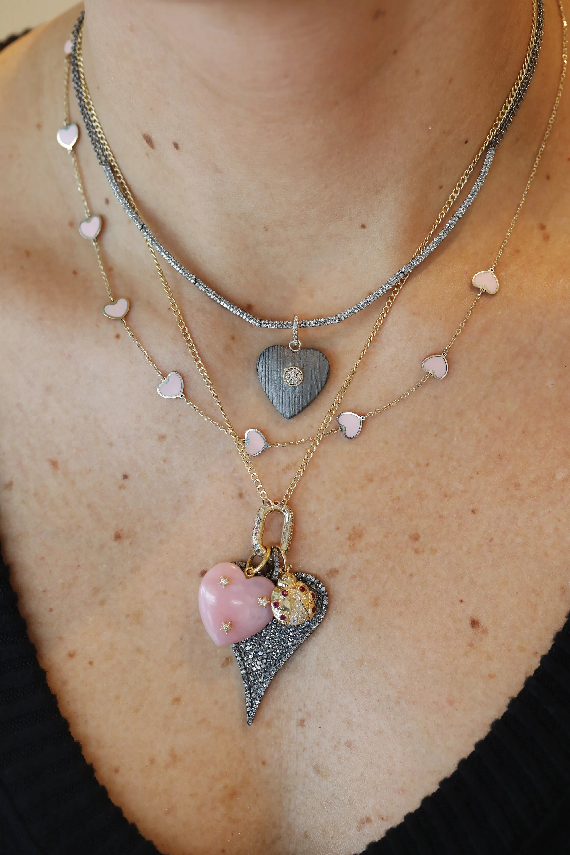 14K Gold Light Pink Agate Inlay Heart Station Necklace