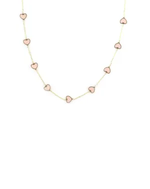 14K Gold Light Pink Agate Inlay Heart Station Necklace