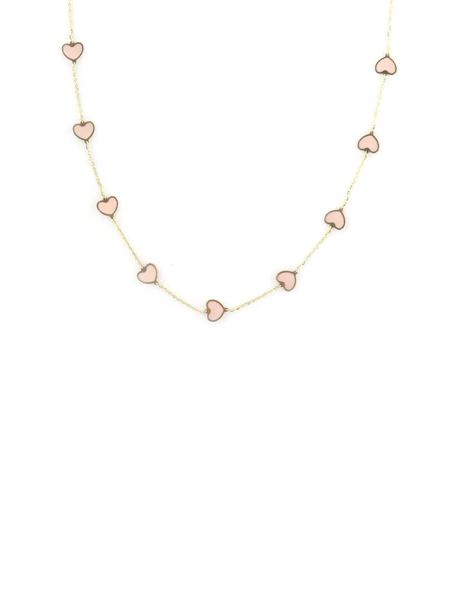 14K Gold Light Pink Agate Inlay Heart Station Necklace