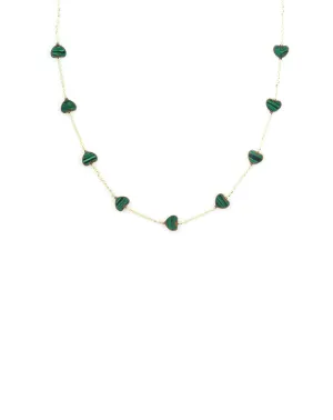 14K Gold Malachite Inlay Heart Station Necklace