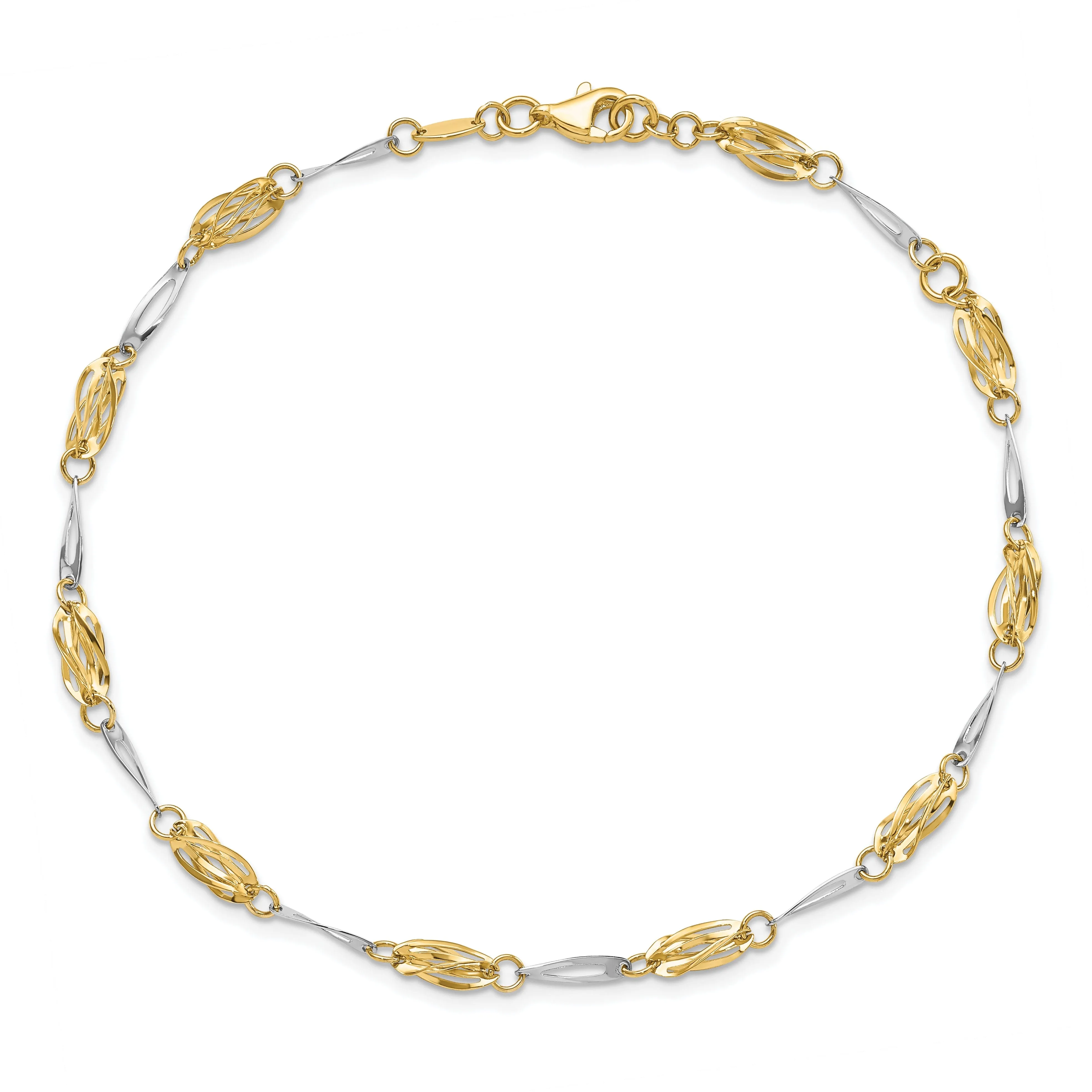 14k Two-tone Polished Fancy Link Anklet