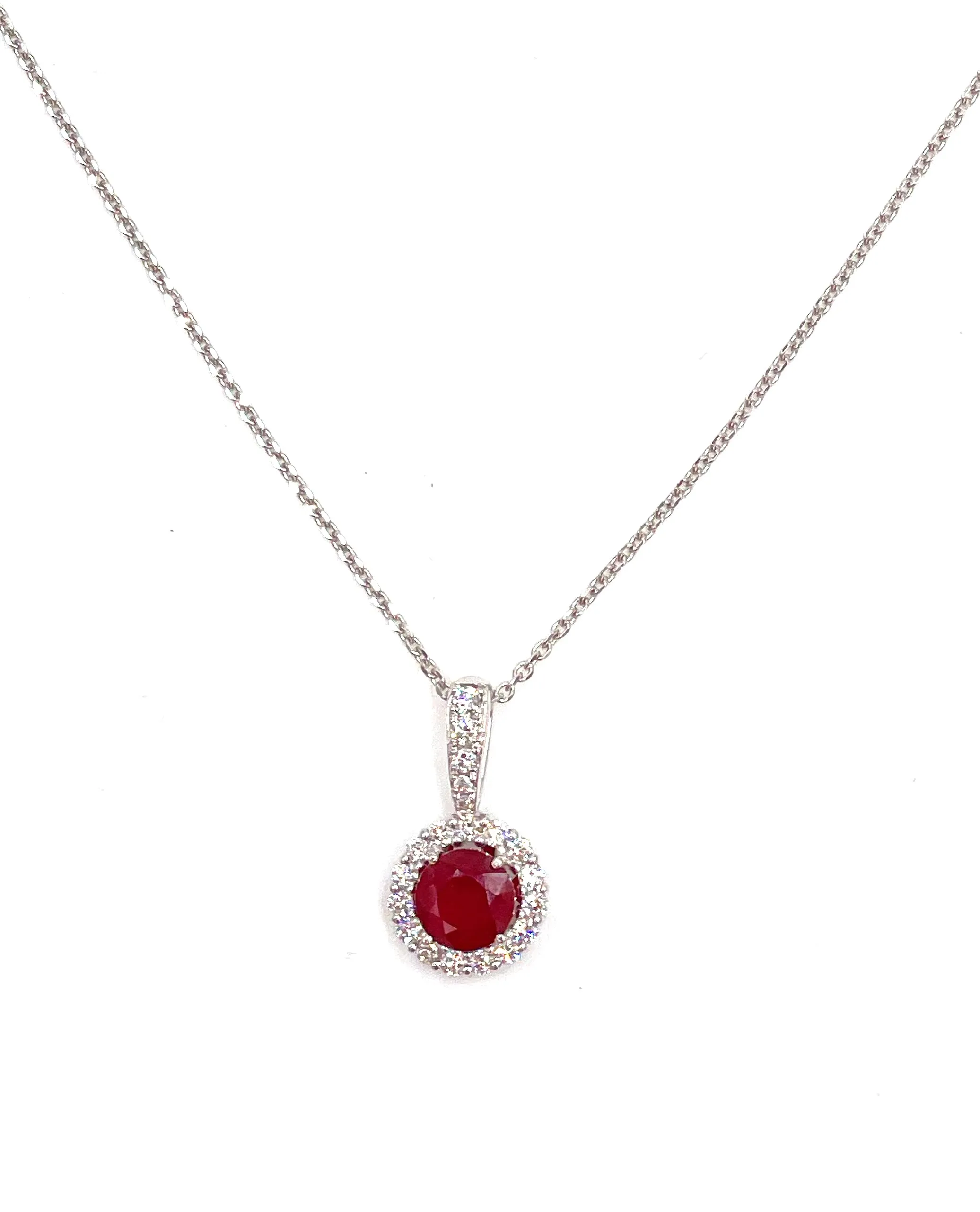 14K White Gold Ruby Halo Pendant