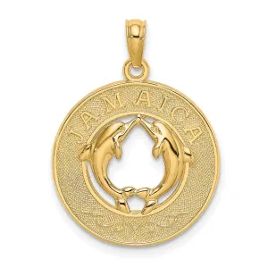 14K Yellow Gold Polished Textured Finish JAMAICA with Double Dolphins Circle Design Charm Pendant