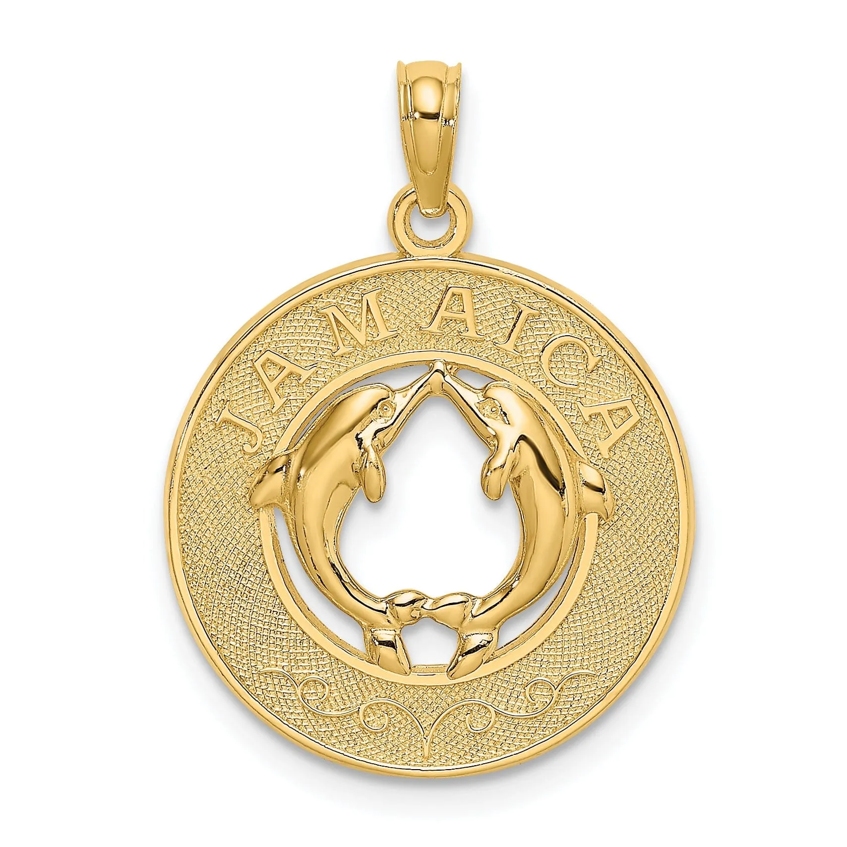 14K Yellow Gold Polished Textured Finish JAMAICA with Double Dolphins Circle Design Charm Pendant