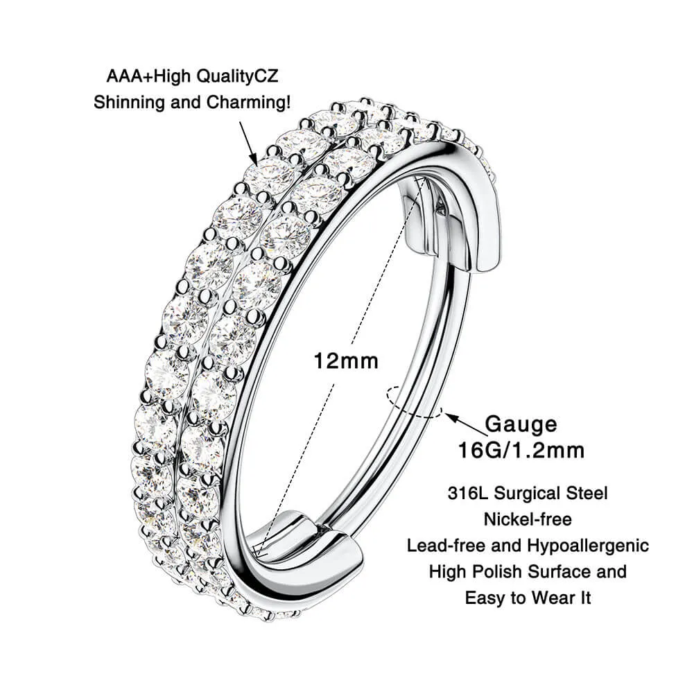 16G Double Rings Crystal Hinged Segment Clicker Hoop