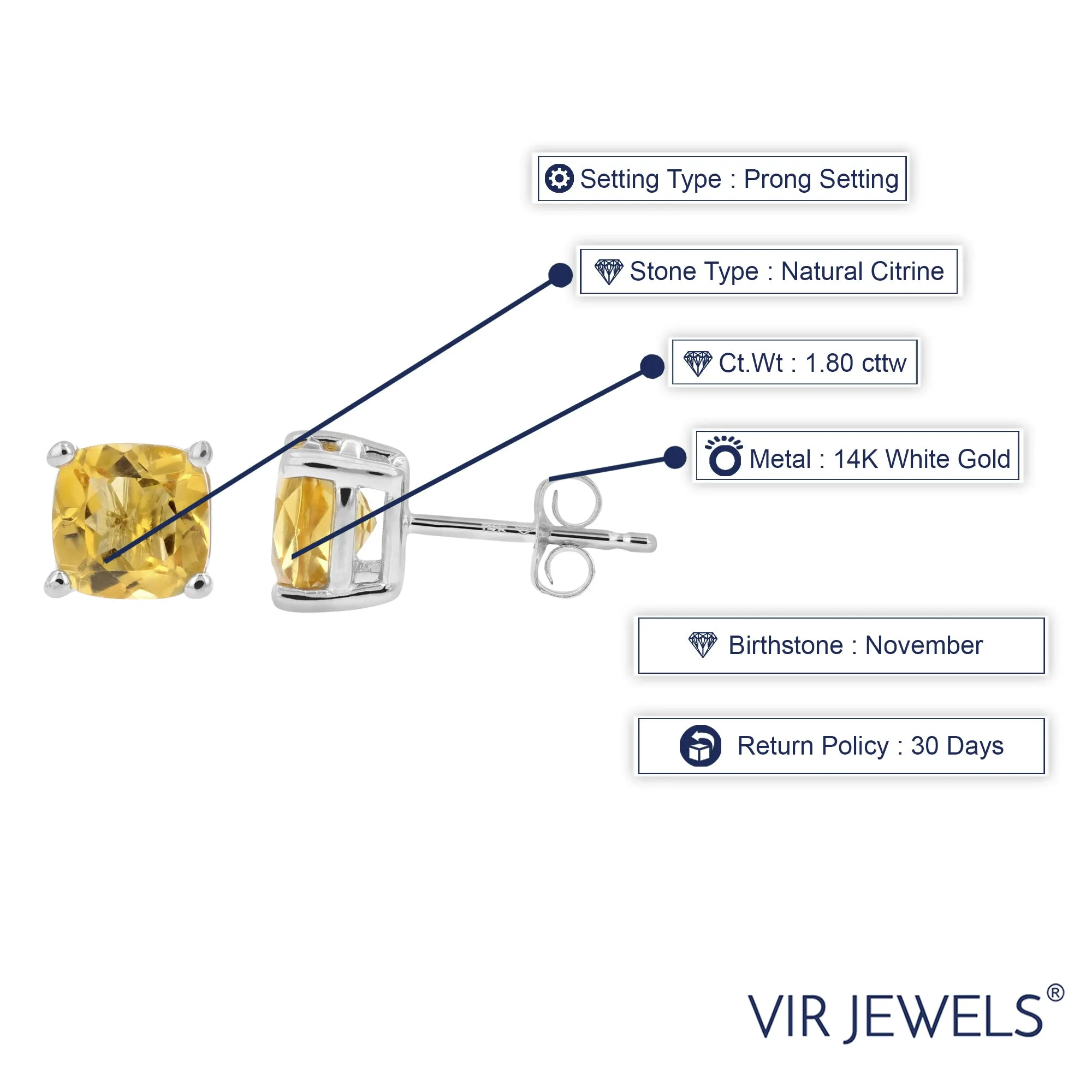 1.80 cttw 6 MM Citrine Stud Earrings 14K White Gold Cushion Cut with Push Backs November Birthstone