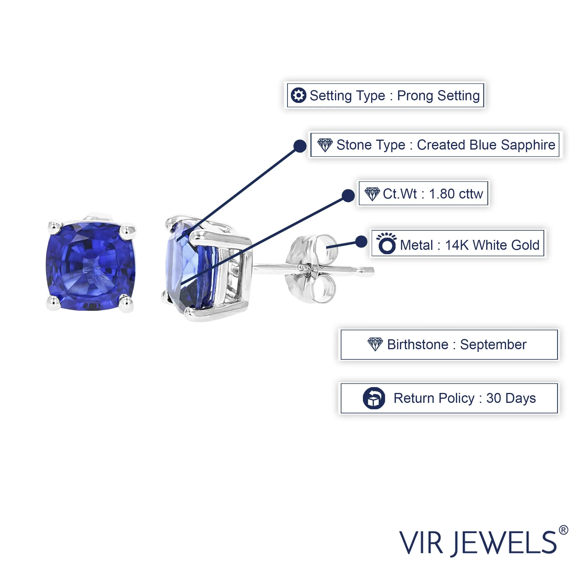 1.80 cttw 6 MM Created Blue Sapphire Stud Earrings 14K White Gold Cushion Cut with Push Backs September Birthstone