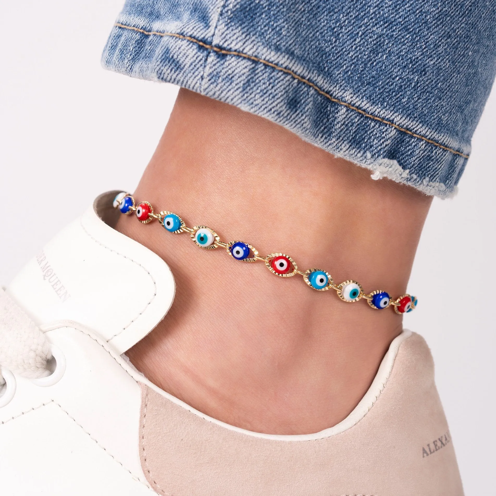 18k Gold Plated Braided Evil Eye Anklet - Multi Color