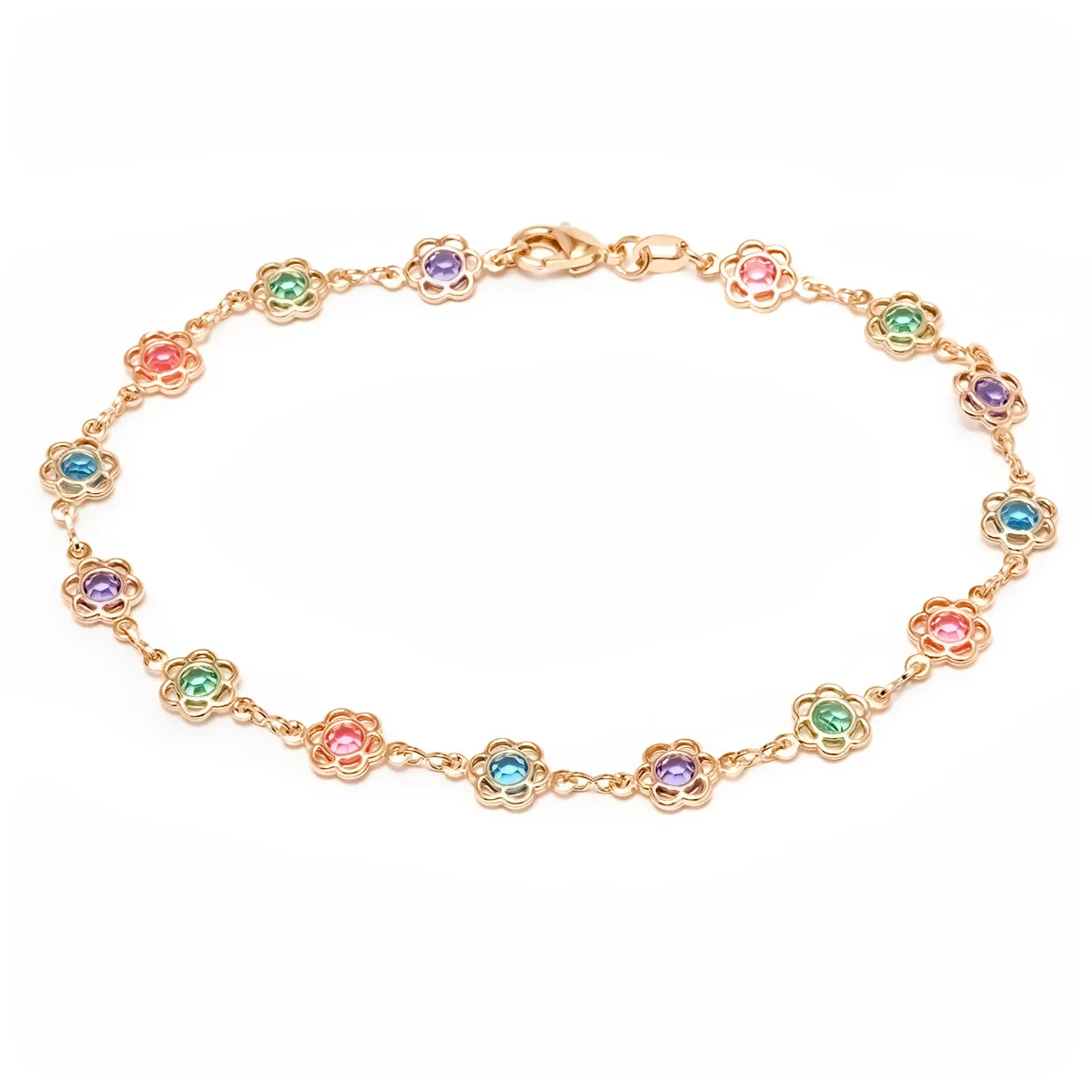 18K Gold Plated Multicolor Crystal Flower Anklet