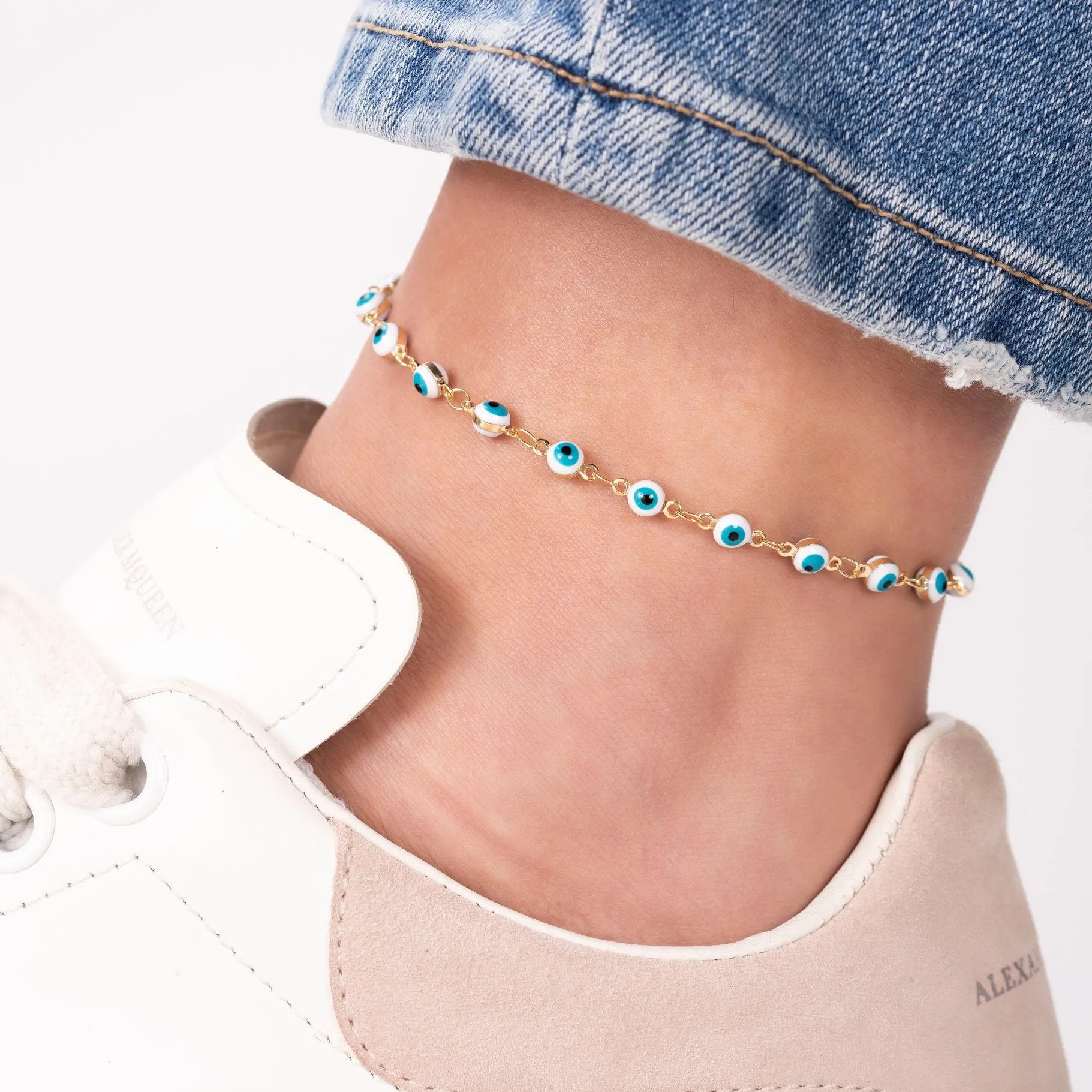 18k Gold Plated White and Blue Evil Eye Anklet