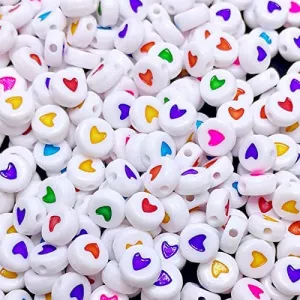 200/PCS PKG. LOT, 6MM Disc COLORFUL BEADS Heart WHITE COLOR Colorful Disc Acrylic Number Beads  for DIY Bracelets, Necklaces, Key Chains, and Art Crafts making 6 mm