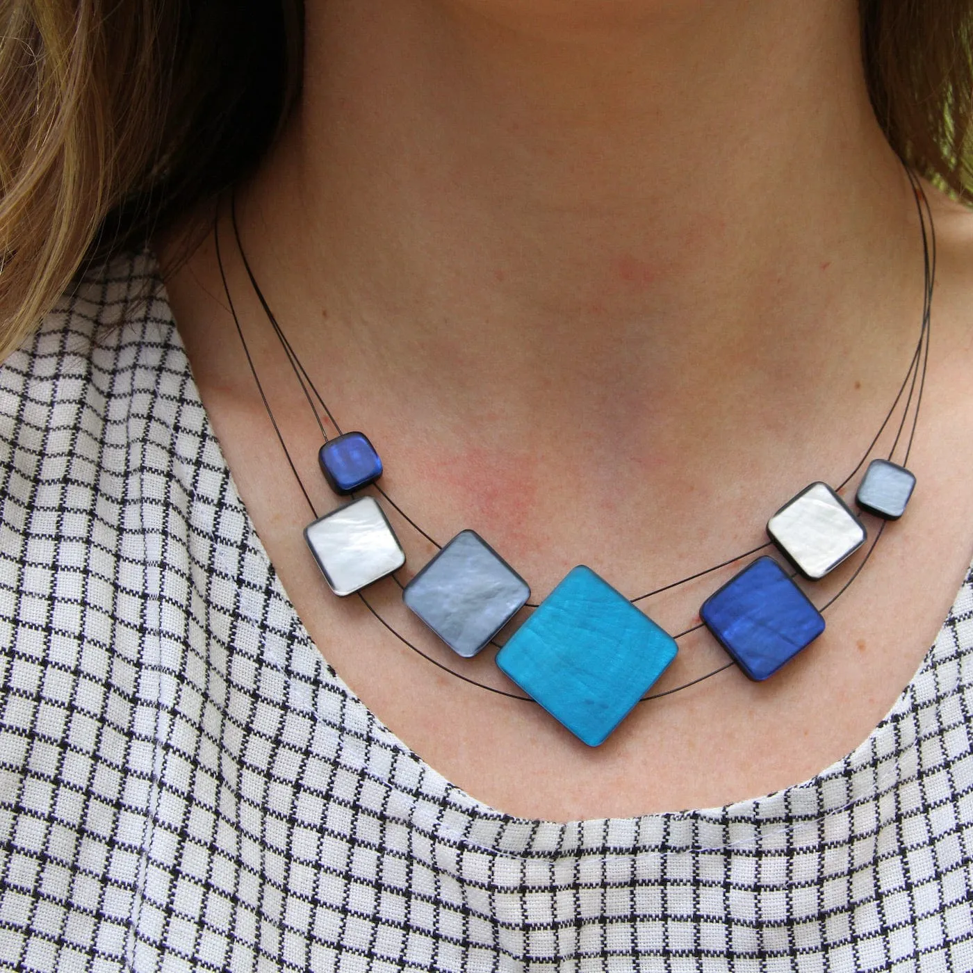 3 Strand Blue Mix Square Resin Necklace