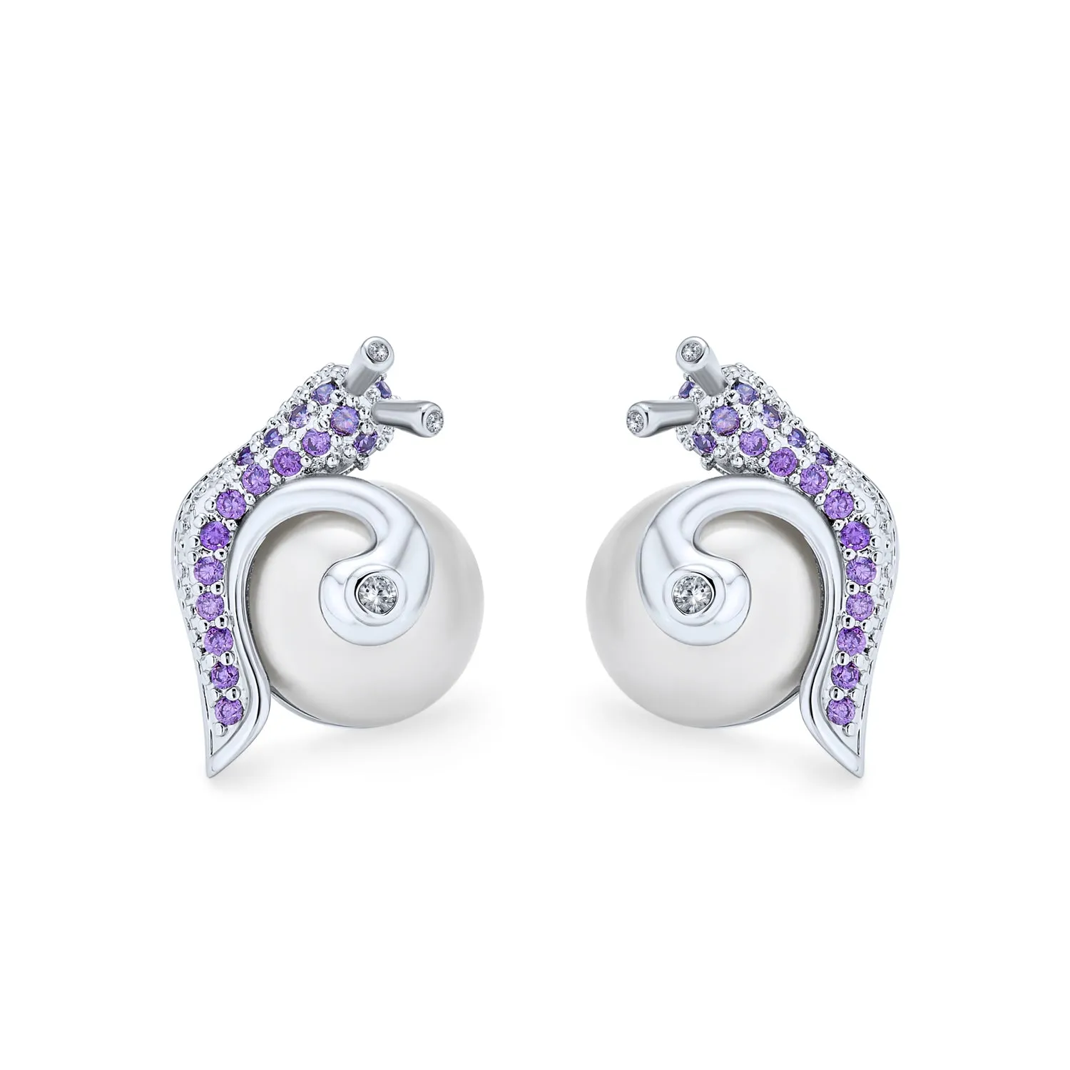 3D Nautical Purple Zirconia Snail & Pearl Stud Earrings in Silver Brass