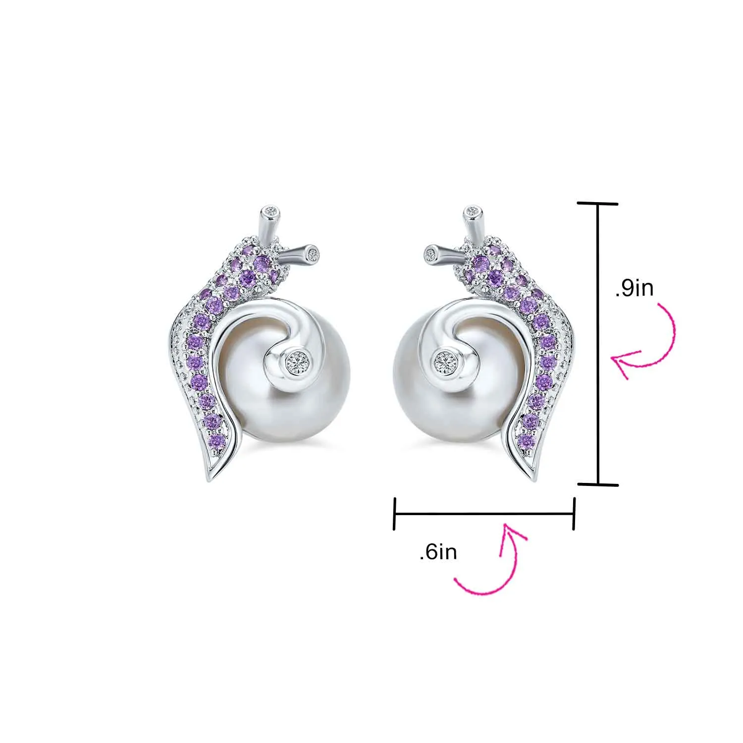 3D Nautical Purple Zirconia Snail & Pearl Stud Earrings in Silver Brass