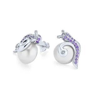 3D Nautical Purple Zirconia Snail & Pearl Stud Earrings in Silver Brass