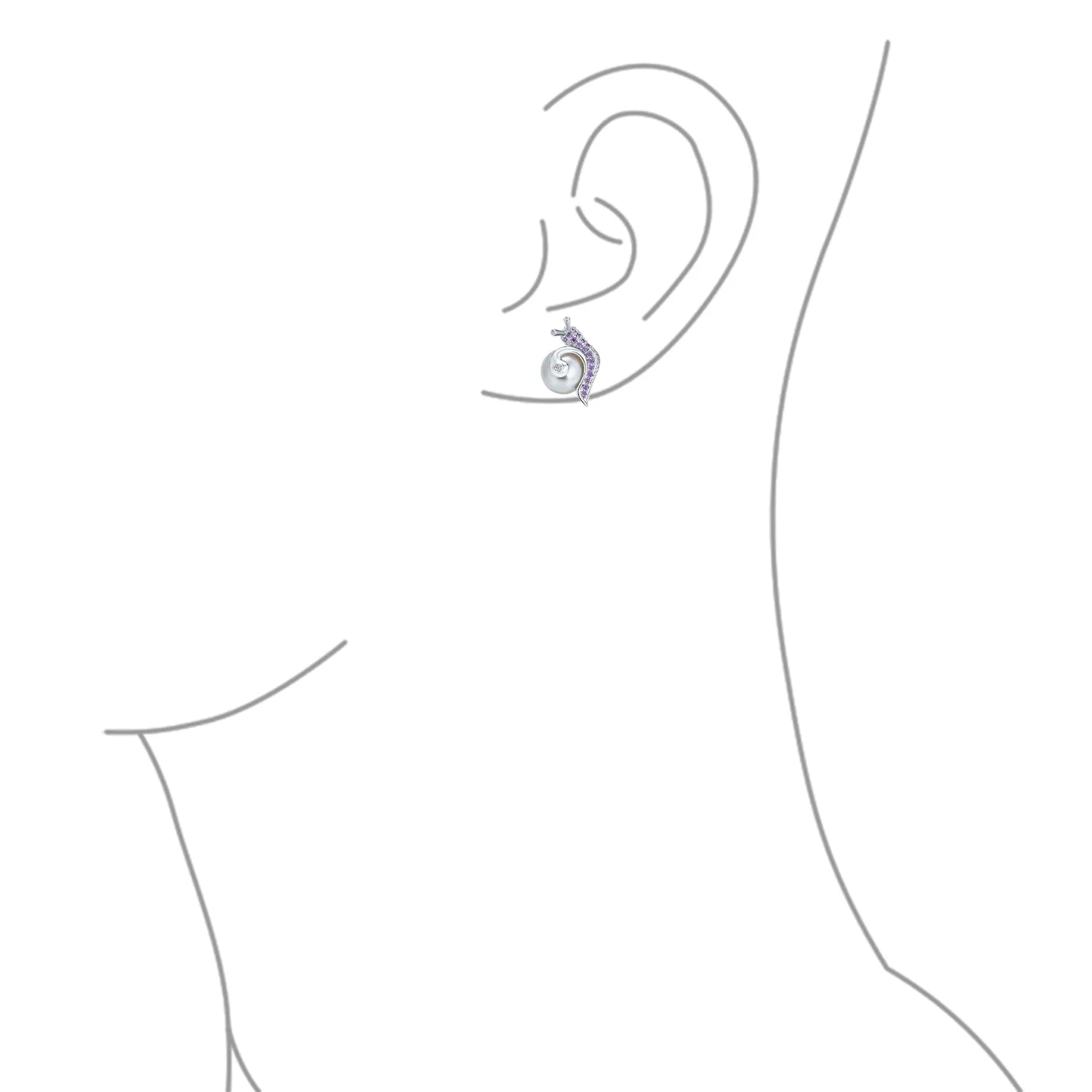 3D Nautical Purple Zirconia Snail & Pearl Stud Earrings in Silver Brass