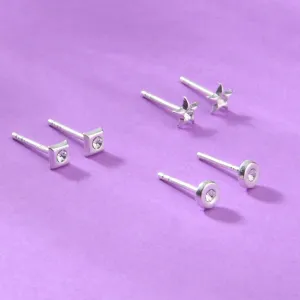 925 Pure Sterling Silver Set Of 3 Crystal Shaped Stud Earring Set