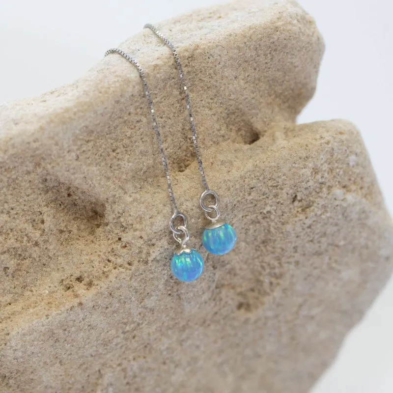 925 Sterling Silver Blue Opal ball Chain Earrings