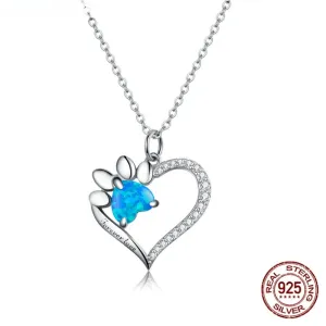 925 Sterling Silver Heart Trace Blue Zircon Paw Dazzling Pendant Necklace Chain for Women Fashion Jewelry Gift