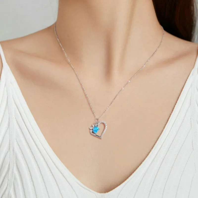 925 Sterling Silver Heart Trace Blue Zircon Paw Dazzling Pendant Necklace Chain for Women Fashion Jewelry Gift