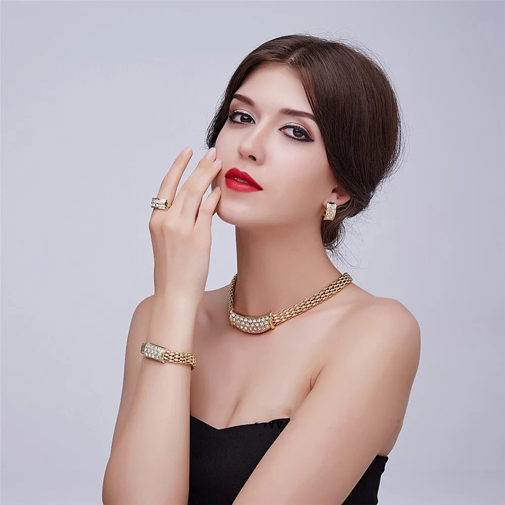 African Jewelry Sets Fine Wedding Gold Plated Crystal Necklace Set Party Women Fashion Bridal Ring Bracelet Earrings Accessories