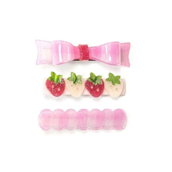 Alligator Hair Clips | Pink checked bow   Strawberries Set of 3 | Lilies and Roses NY