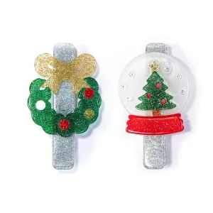 Alligator hair Clips Set | Holiday Christmas Wreath and Snow Globe | Lilies & Roses NY