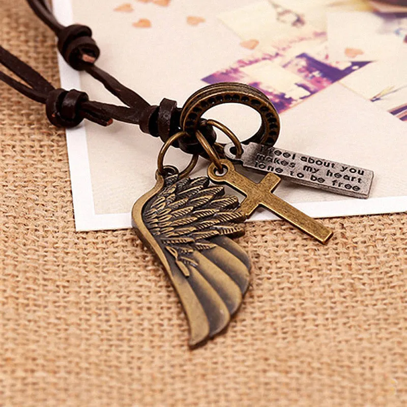 Antique Vintage Angel Wing Leather Necklace / Charms Pendants Jewelry