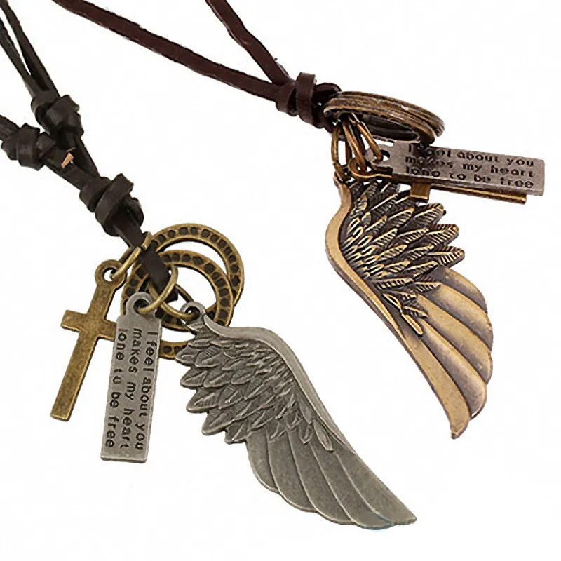 Antique Vintage Angel Wing Leather Necklace / Charms Pendants Jewelry