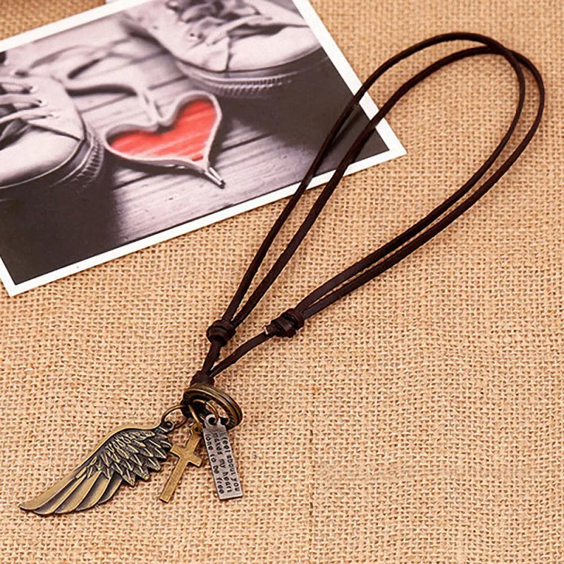 Antique Vintage Angel Wing Leather Necklace / Charms Pendants Jewelry