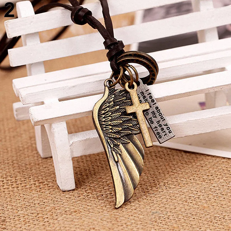 Antique Vintage Angel Wing Leather Necklace / Charms Pendants Jewelry