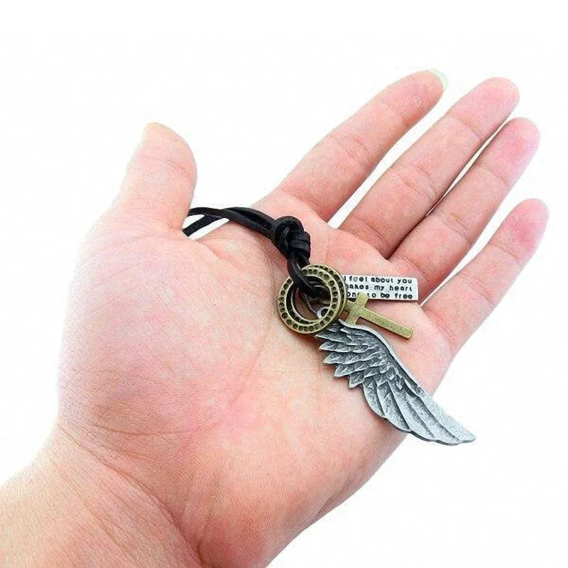 Antique Vintage Angel Wing Leather Necklace / Charms Pendants Jewelry