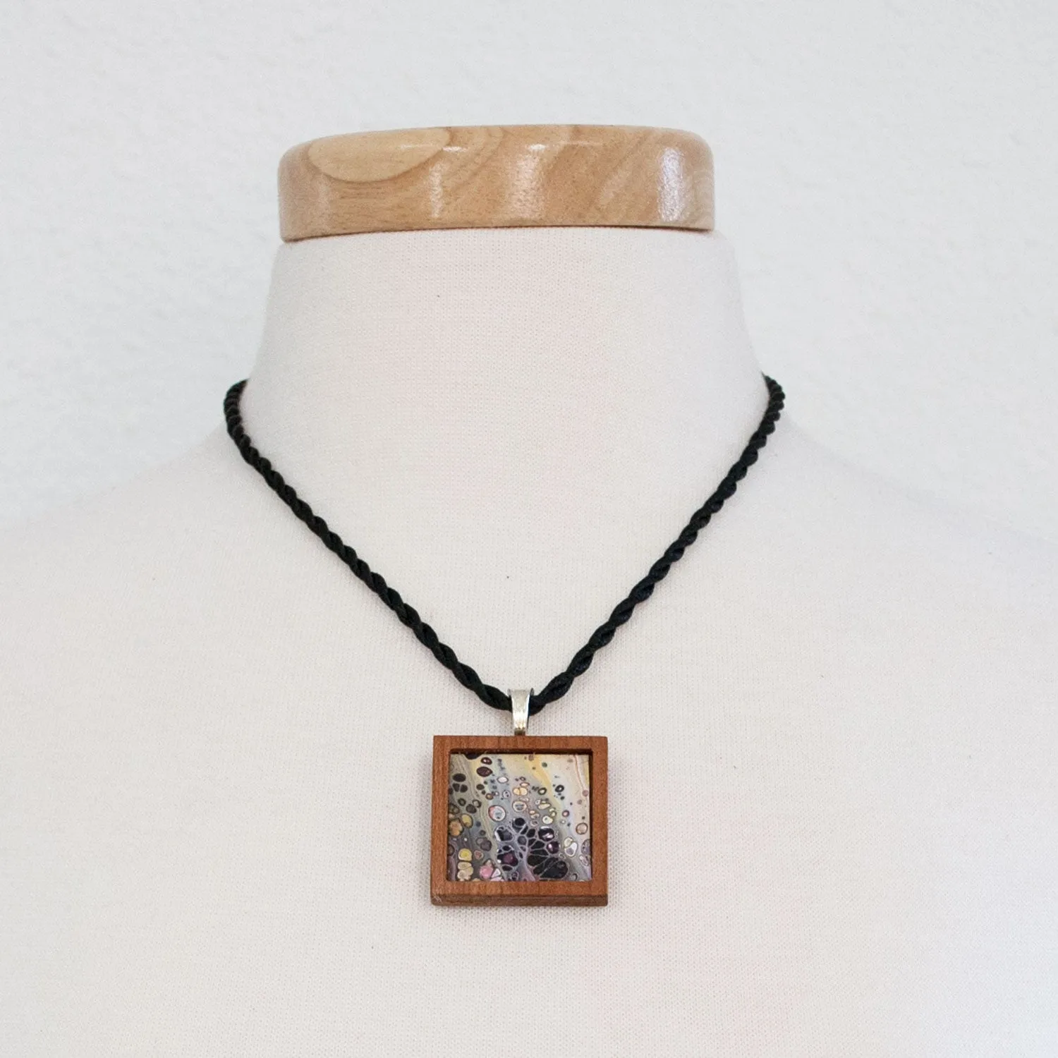 Art Necklace, grays and earth tones painting in hardwood frame