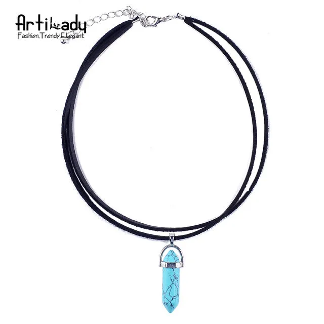 Artilady pu leather natural crystal stone opal choker necklace fashion boho choker for women jewelry party gift