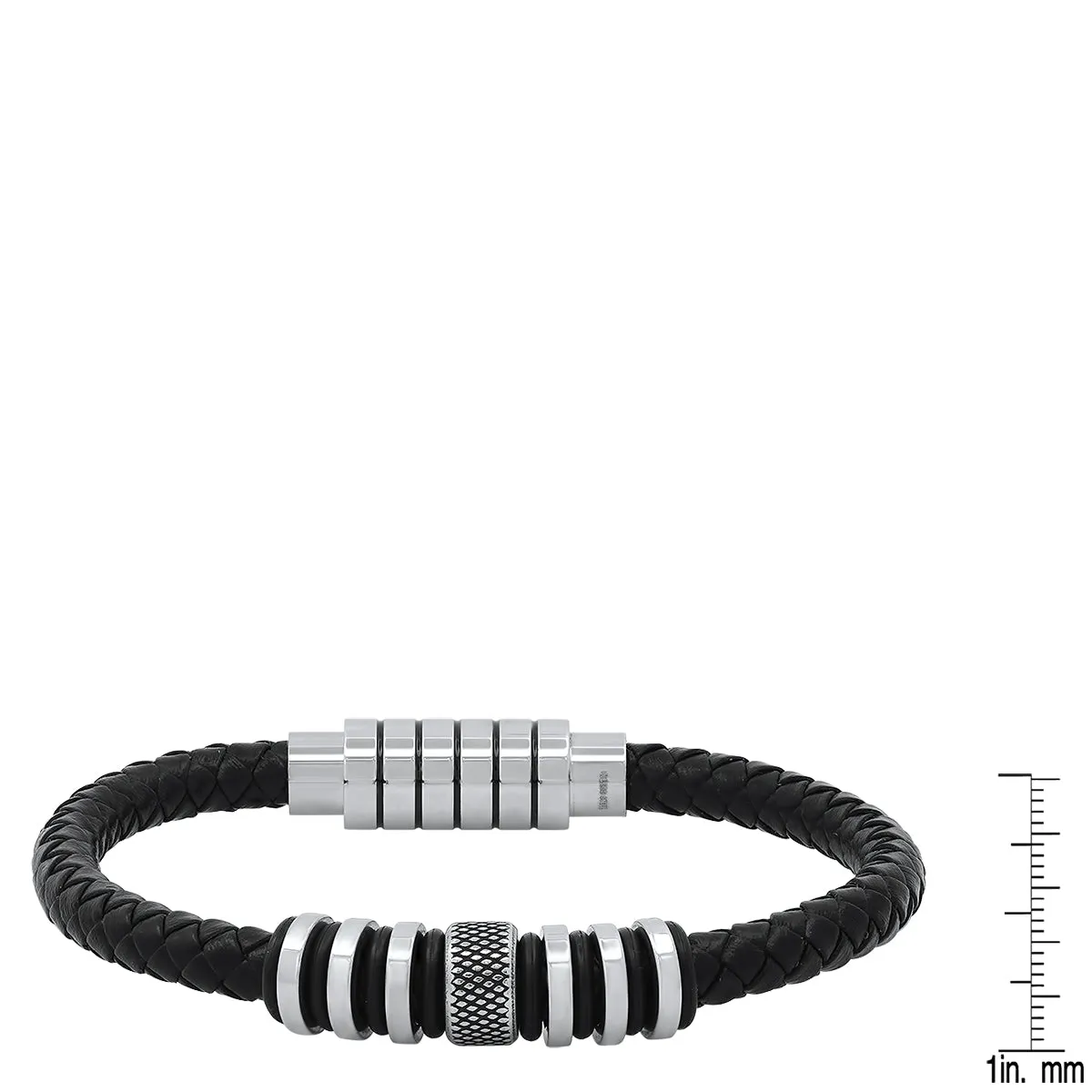 Black Braided Leather Bracelet with Stainless Steel Rings