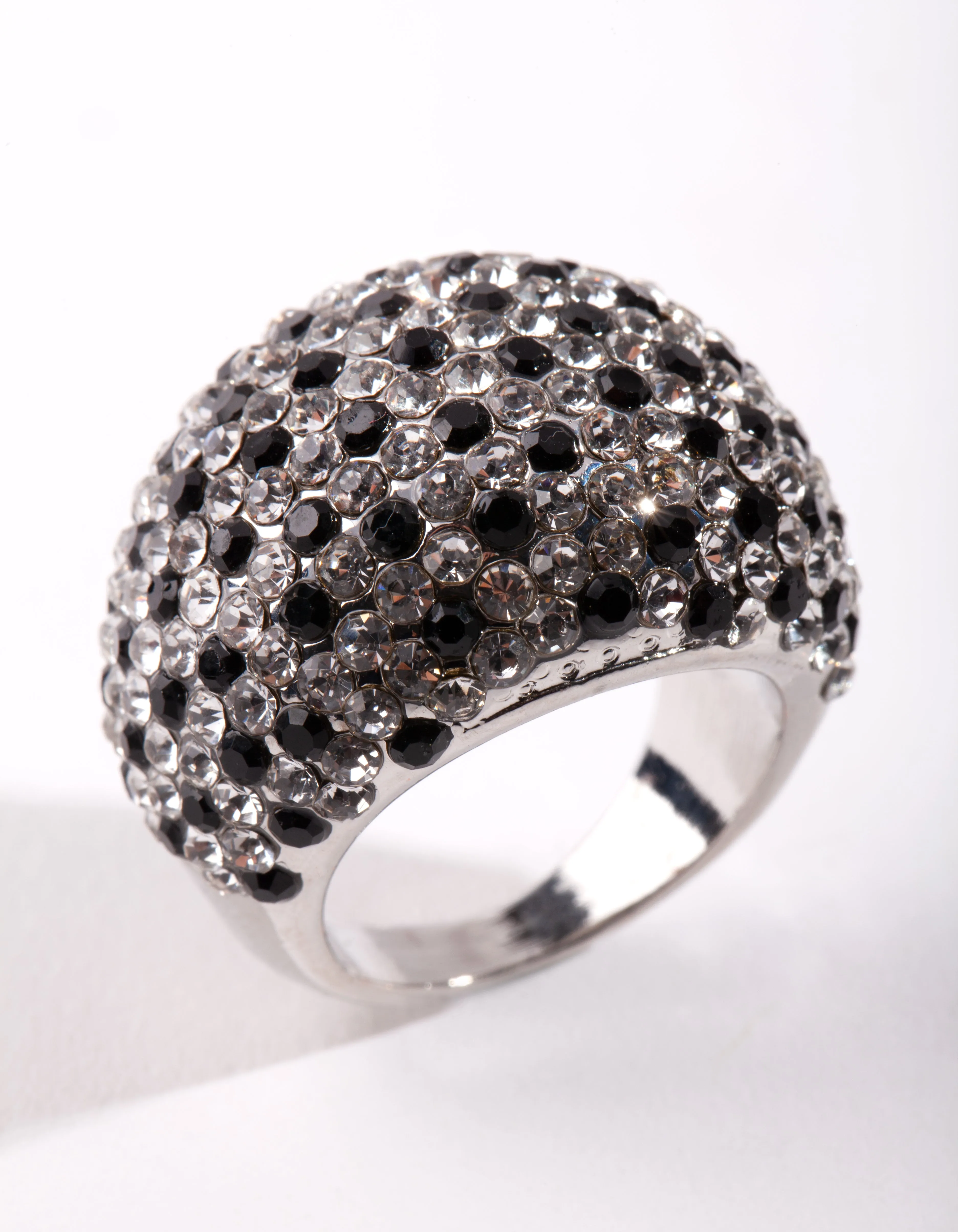 Black Silver Diamante Dome Ring