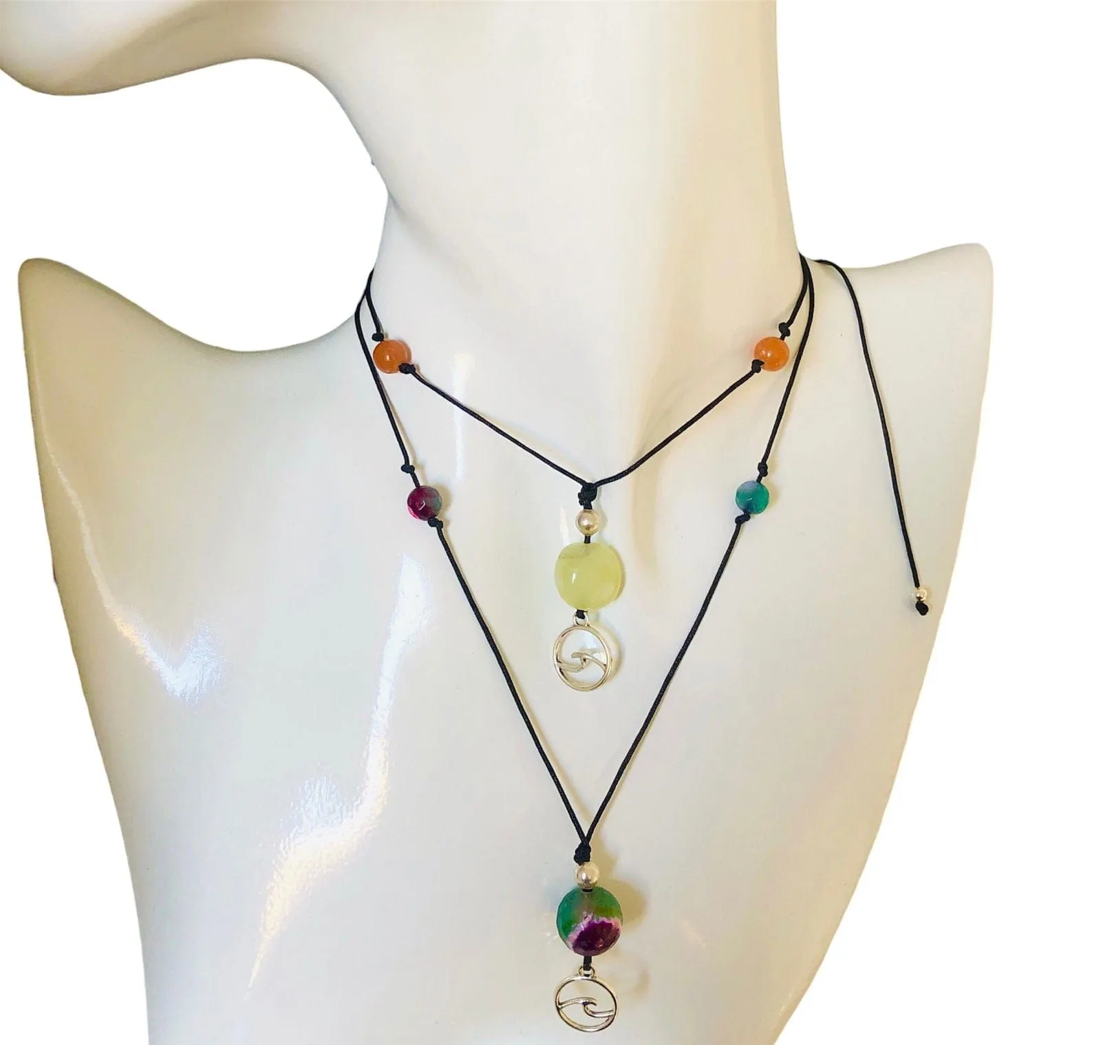 Black Thread Choker Necklace with Jade and Carnelian