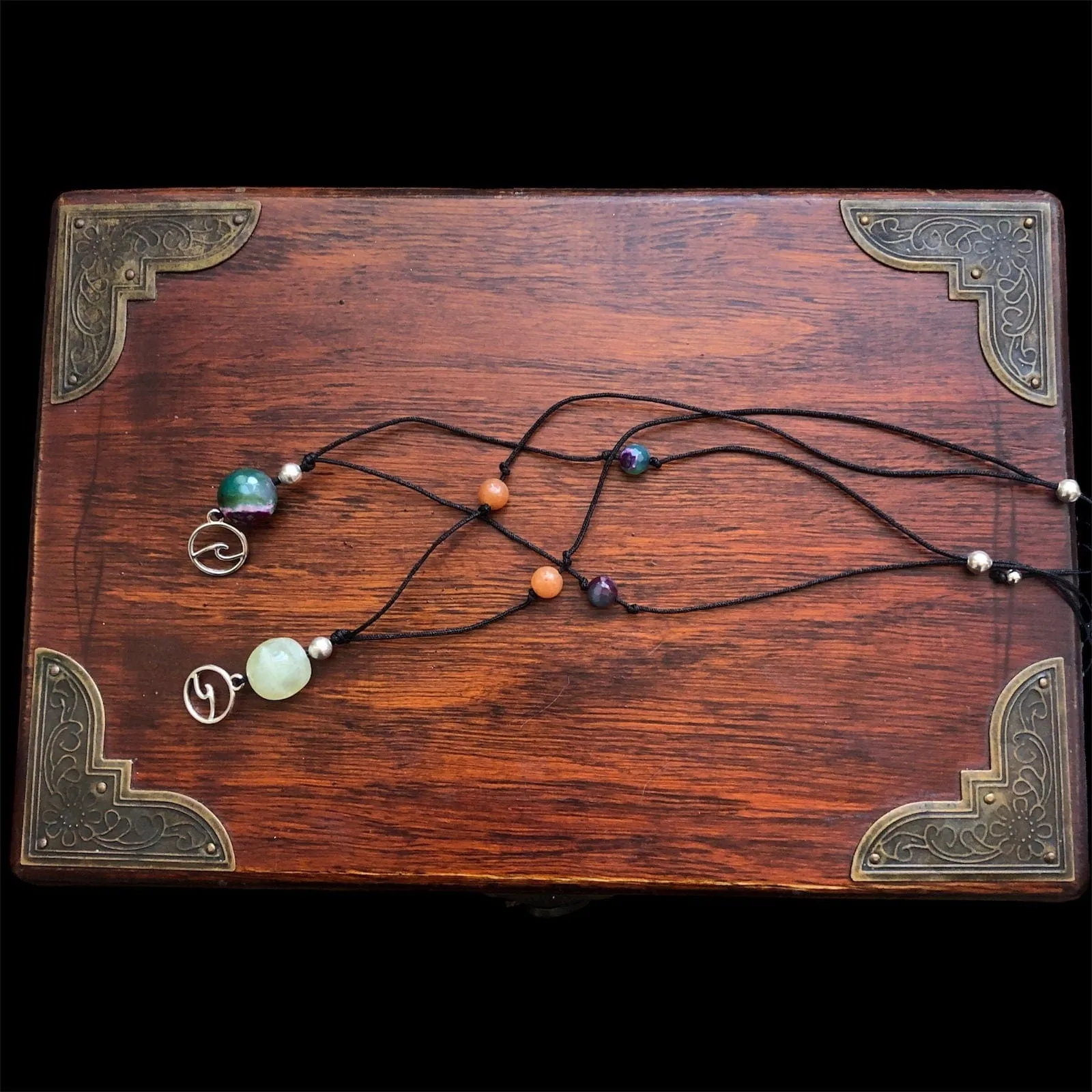 Black Thread Choker Necklace with Jade and Carnelian