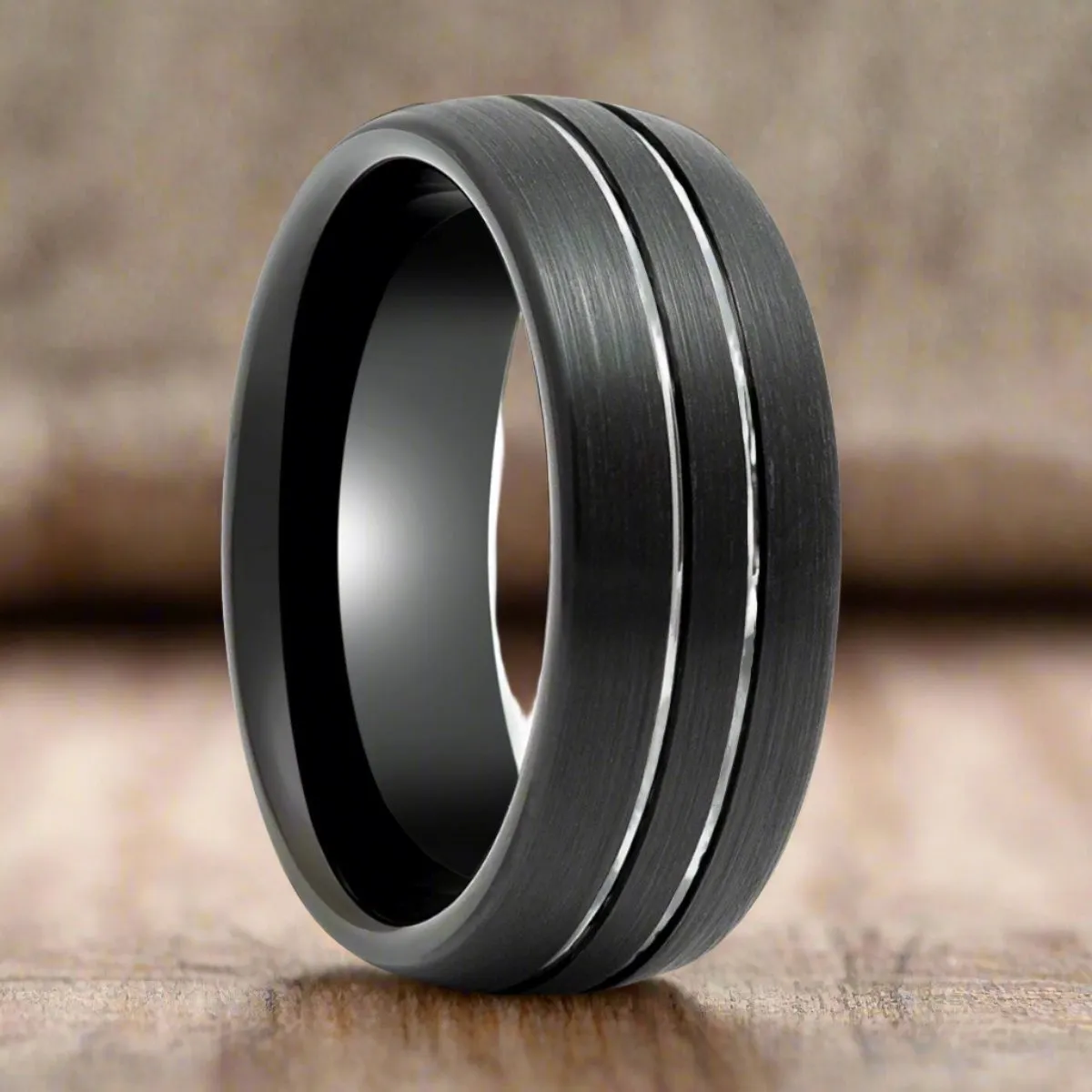 BOSTIN | Black Tungsten Ring with Double Striped Center