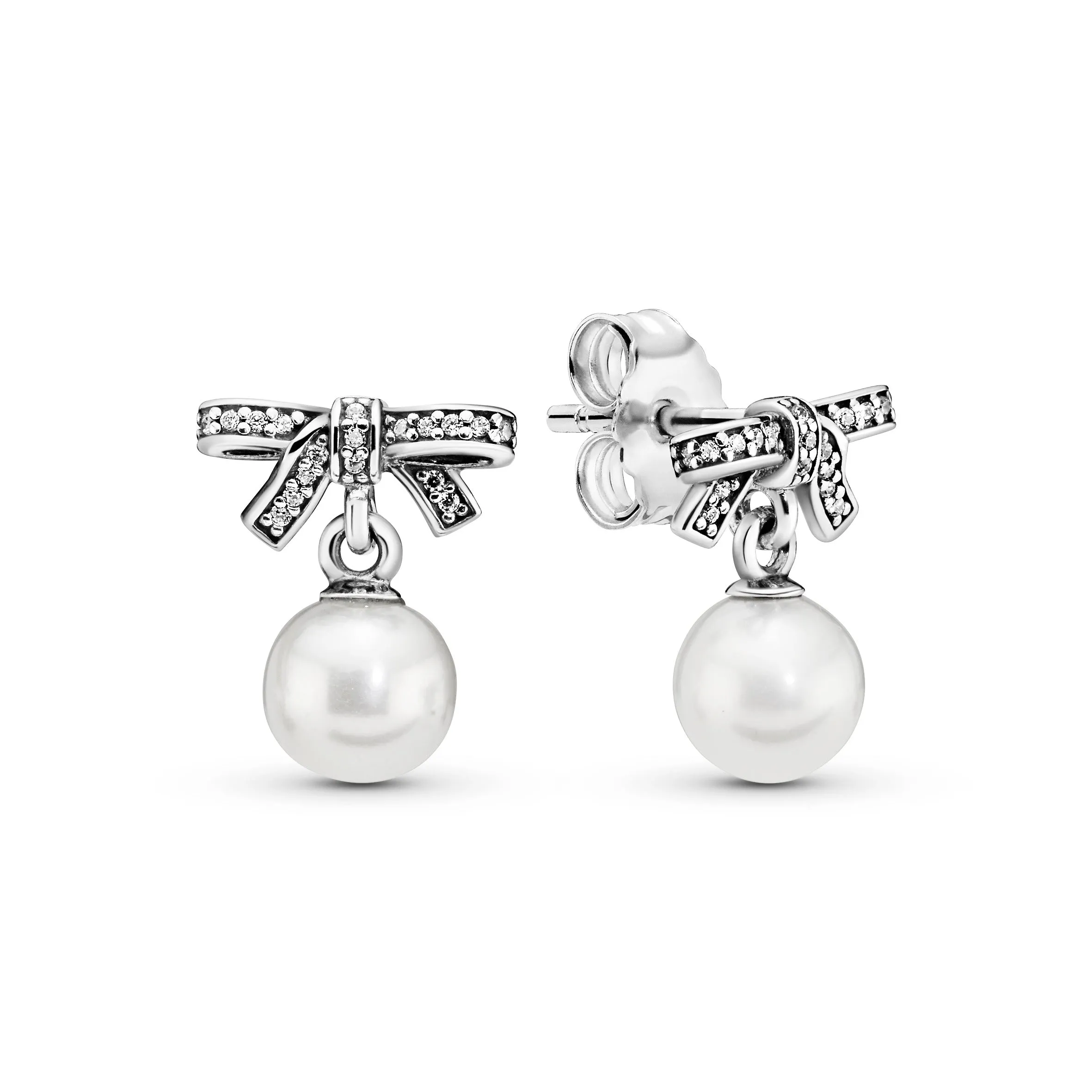 Bow silver earrings with freshwater cultured pearl and clear cubic zirconia