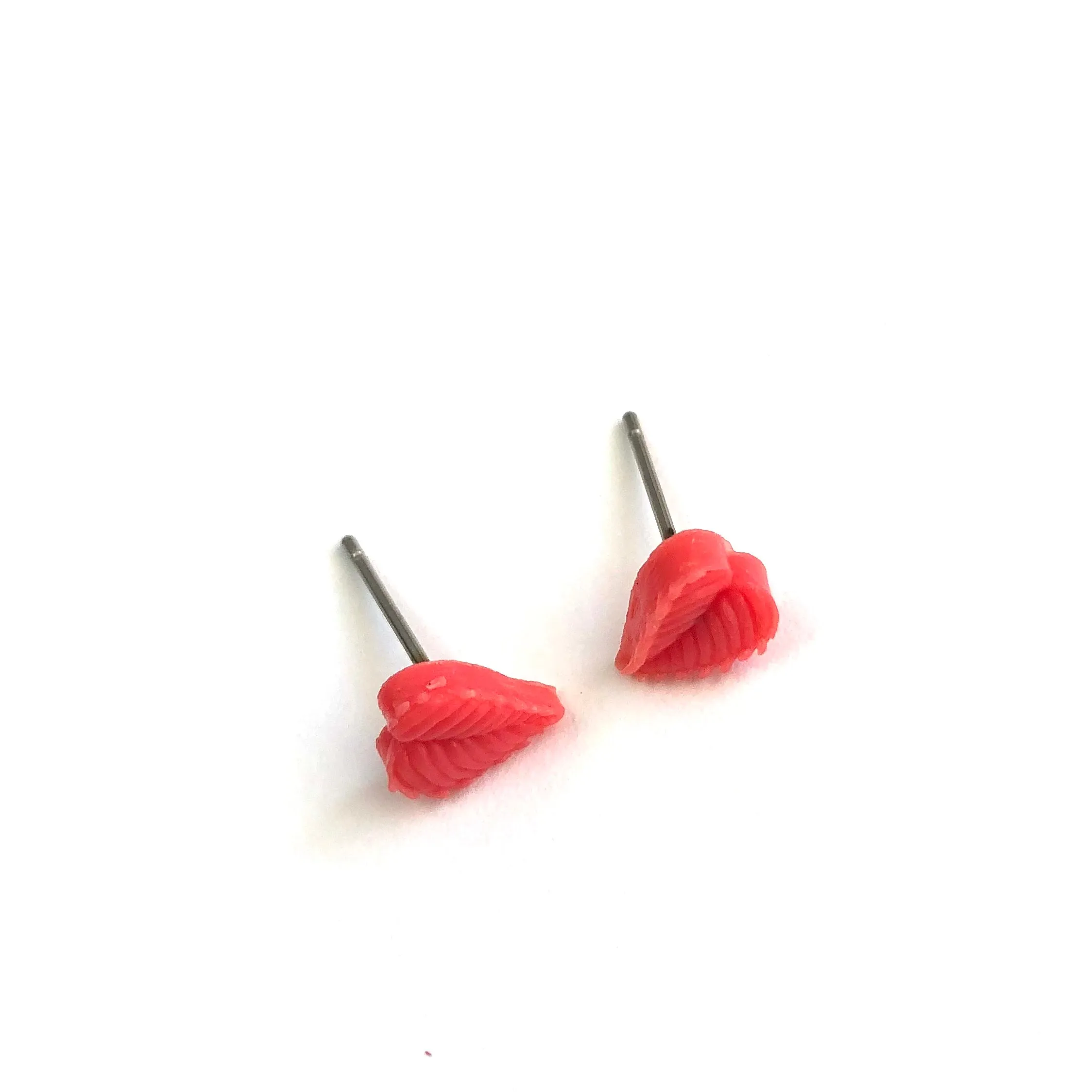 Bright Coral Serrated Leaf Stud Earrings