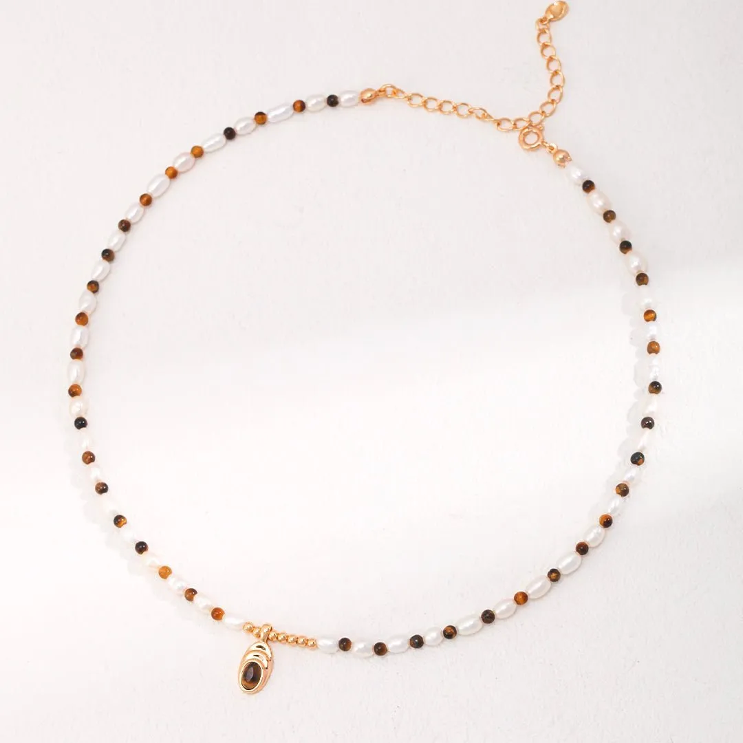 Caramel Chic: Tiger Eye Stone and Pearl Beaded Pendant Necklace