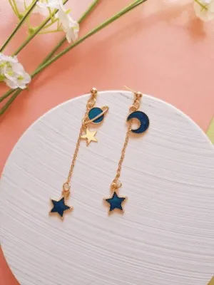 Celestial statement earrings | Blue moon and stars earrings | Galaxy planets dangle earrings | Gold hanging earrings | Korean earrings